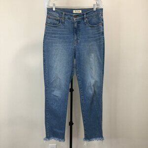 MADEWELL Medium Wash The Perfect Vintage Raw Edge Hem 5 Pocket Logo Button Jeans